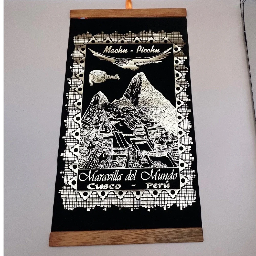 Machu Picchu Peru Velvet Wall Hanging Scroll Maravilla del Mundo Cusco Silver